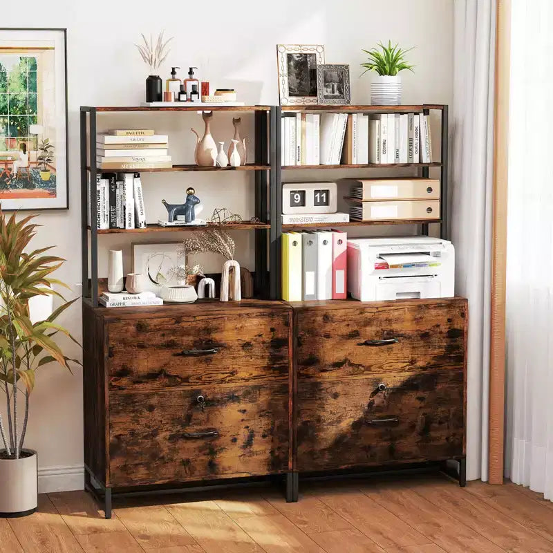 Mobile schedario verticale a 2 cassetti con serratura e libreria a 4 ripiani, stile industriale, formato Letter