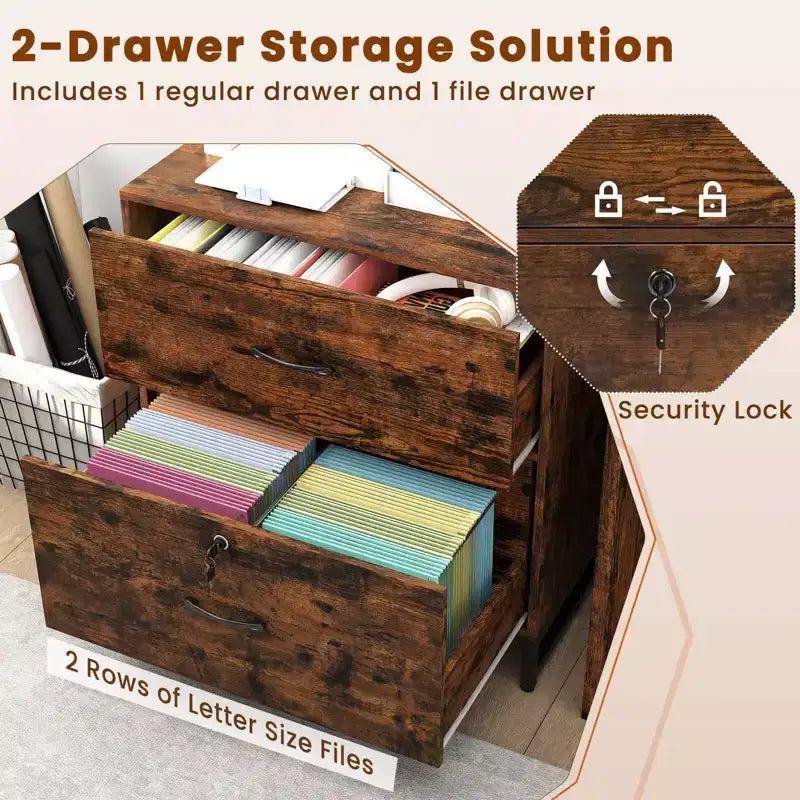 Mobile schedario verticale a 2 cassetti con serratura e libreria a 4 ripiani, stile industriale, formato Letter