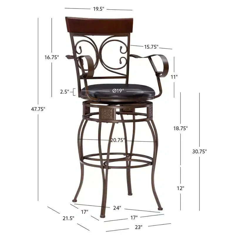 Sgabello da Bar Girevole Grande e Alto in Similpelle con Braccioli, Struttura in Metallo, Portata 180 kg